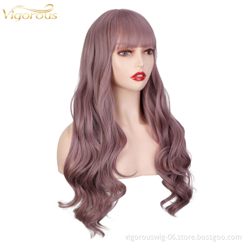 Vigorous Women's Purple Curly Long Wavy Wigs with Air Bangs Middle Part Synthetic Cosplay Wig for Girl Costume Wigs